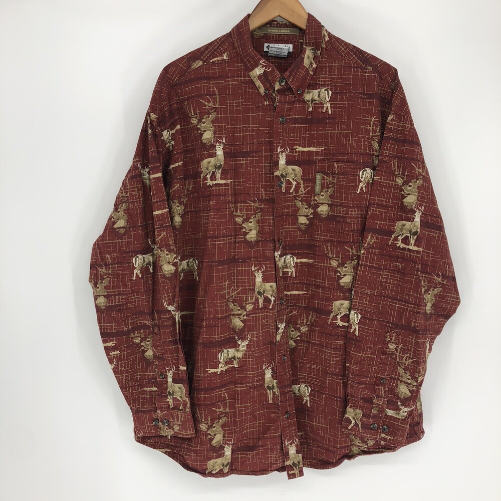 Columbia Men's Red Buck Deer Print River Lodge Cotton Button Down Shirt Xxl